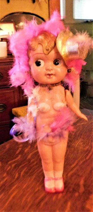Vintage Doll Celluloid Carnival Prize Occupied Japan Kewpie Strung Feathers 12 "