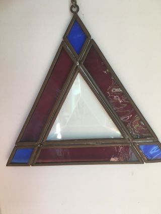 Vintage Stained Glass Triangle Blue And Red Suncatcher 5 - 1/2” Etched Beveled
