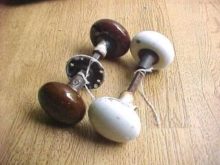 2 Pair Antique White & Brown Porcelain Door Knobs With Hareware