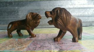 2 Carved Wood Fighting Lion Figures Wooden Hand Carved Africa