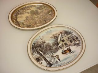 Vintage Set Of 2 - 14 " Tin Metal Trays Scenic Christmas Horse - Currier And Ives