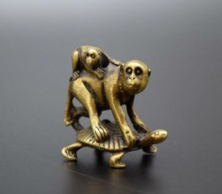 Chinese Pastoral Style Pure Copper Brass Bronze Turtle Back Monkey Small Statue