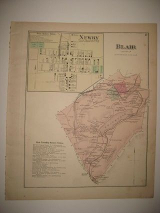 Antique 1873 Blair Township Hollidaysburg Newry Blair County Pennsylvania Map Nr