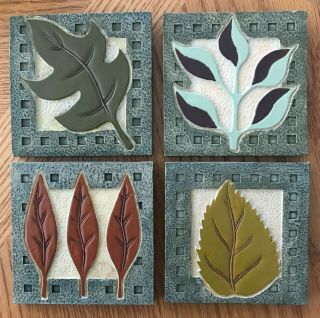Rare Set 4 Leaf Table Drink Coasters Wall Decoration Hanging Leaves Ceramic Tile