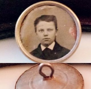 Antique Victorian Young Boy / Child Photo Mourning Memorial Button Back Not Pin