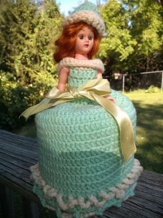 Vintage Hand Crocheted Lime Green Doll Toilet Paper Holder