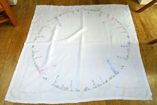 Vintage hand embroidered white linen tablecloth with Crinoline ladies & flowers 2