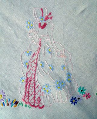 Vintage hand embroidered white linen tablecloth with Crinoline ladies & flowers 3