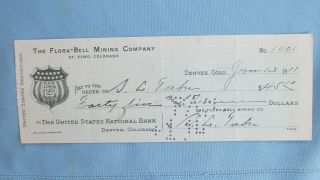 1911 St.  Elmo Colorado Flora - Bell Mining Company U.  S.  National Bank Check -