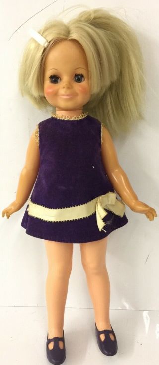 Vintage 1968 Velvet Doll 16” Ideal Toy Blonde Hair Grow Knob Crissy Purple