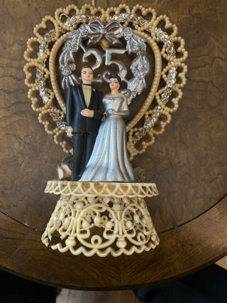 Vintage 25th Anniversary Made In Hong Kong Wedding Cake Topper Bride.  Groom