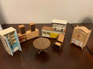 Vintage Tomy Dollhouse Furniture Kitchen Oven Refrigerator Table Hutch Cabinet