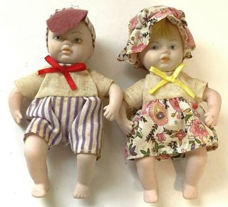 2 Vintage 5 " Bisque Porcelain Boy & Girl Toddler Baby Dolls Jointed Arms & Legs
