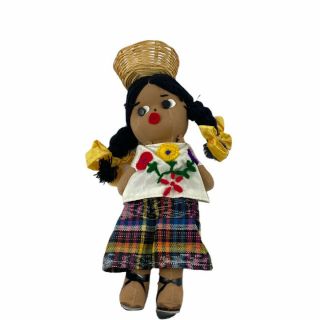 Vintage Mexican Folk Art 11 " Handmade Female Cloth Doll Basket On Head
