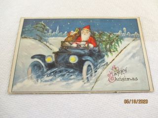 Vintage Christmas Postcard Santa Claus Driving Antique Car