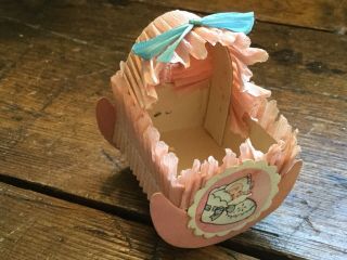 Vintage (1) Baby Shower Party Pink Crepe Paper Bassinet Nut Candy Cup Container