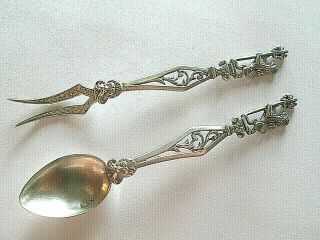Antique Ornate Vintage Sterling 800 Silver Demitasse Spoon / Fork Set Lions - 33