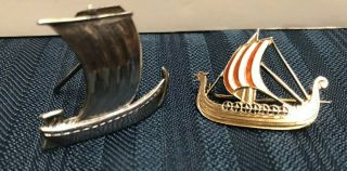Rare Brooch Pin Marked O.  F.  Hjortdahl Norway 925 Sterling Viking Ship,  Bonus