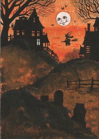 5x7 Print Of Folk Art Painting Vintage Style Ryta Witch Black Cat Halloween Jol