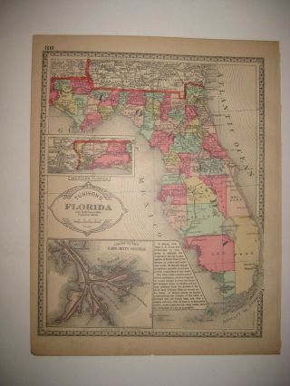 Antique 1885 Florida Handcolored Map Railroad Jacksonville Miami Ornate