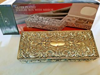 Antique Silver Plated Jewlery Box With Mirror Vintage 1992