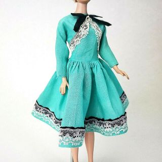 Vintage Barbie Clone Dress Turquoise Long Sleeve Lace Trim Party