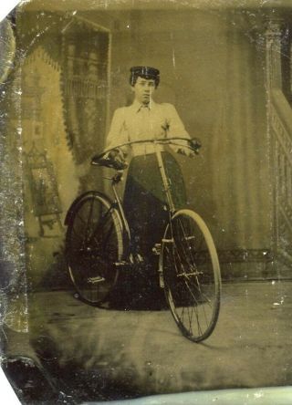 Antique Vintage Victorian Fashion Lady With Bicycle Tintype Photograph