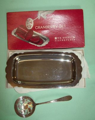 Vintage Wm Rogers Silverplate CRANBERRY SERVING SET Tray & Spoon 2
