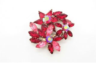 Vtg Gold Tone Floral Cluster Brooch W/red & Pink Rhinestones - Beau Jewels?