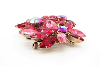 Vtg Gold Tone Floral Cluster Brooch w/Red & Pink Rhinestones - Beau Jewels? 2