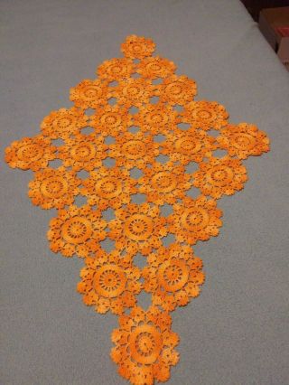 Vtg Large Triangle Orange Crochet Flower Table Runner Doilie 221/2 X 14 1/2 "