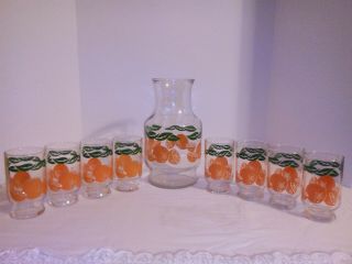 Vintage Rare Hard Tofind Anchor Hocking Orange Juice Carafe Pitcher W/8 Glasses