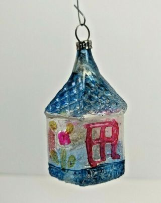 Antique German Blown Glass Christmas Ornament House Tinsel Unsilvered Clear Blue