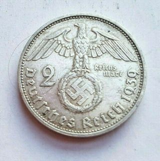 1939 A 2 Mark German Ww2 Silver Coin Swastika Rare,  Aunc