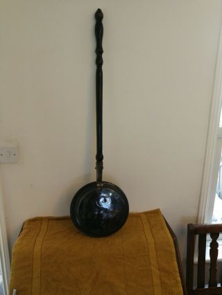 Large Antique Brass And Wood Bed Warmer (length - 102 Cm)