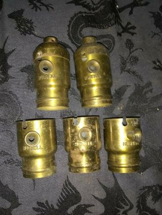 Set Of 5 Vtg Antique Hubbell Brass Socket Shells Light Fixture Pull Chain