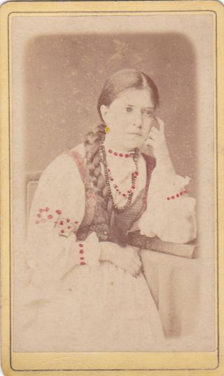 1880s Cdv Young Woman Girl Long Hair Braid Tinted Folk Old Russian Antique Photo