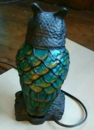 Rare Owl Tiffany Dresser Light Decor Table Lamp Stained Glass Heavy Base 3