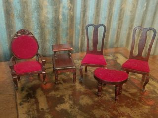 Vintage Dollhouse Chairs Ottoman End Table Queen Anne Style Furniture Wood