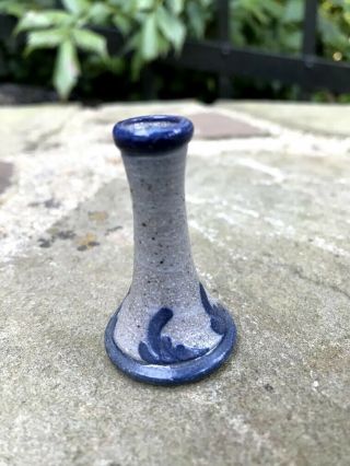 Vtg Miniature Rowe Pottery Salt Glazed Blue Folk Candle Holder 2 " Tall