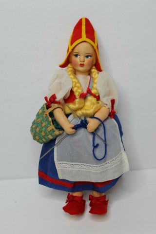 Vintage Cloth Dutch Girl Doll - Holding Knitting Basket - 12 " High