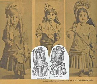18&20 " Antique French - German Doll Low - Waist Yoke Dress Sash Hat Underwear Pattern