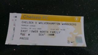Rare Press Ticket Stub Chelsea V Wolverhampton Wanderers - July 2020