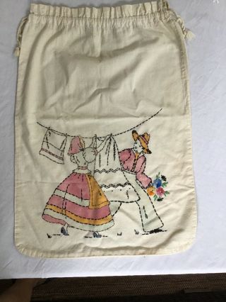 Antique / Vintage Off White Feedsack Laundry Bag Embroidered Drawstring Top