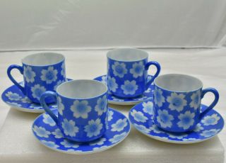 Set Of 4 Vintage White & Blue Tea Cup & Saucer Floral Made In Japan Fine China