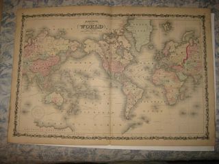 Huge Fine Antique 1862 World Johnson Handcolored Map United States Asia Maritime