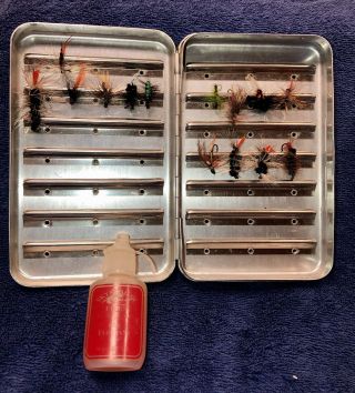 Vintage Perrine Aluminum Fly Box 97 With 14 Flies & Fly Floatant