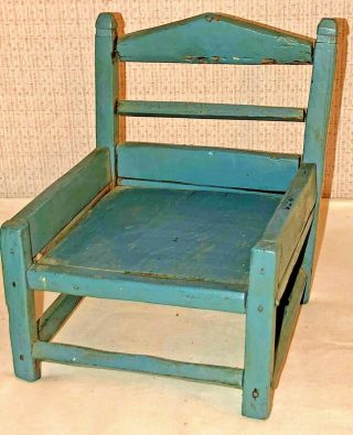 Vintage Primitive Antique Blue Wood Doll Chair,  Handcrafted