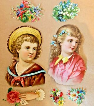 Antique Vintage Victorian 7 Girl Boy Flowers Vignette Die Cut Scraps