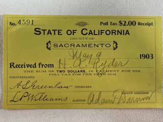 Antique 1903 State Of California County Of Sacramento Poll Tax Receipt $2.  00